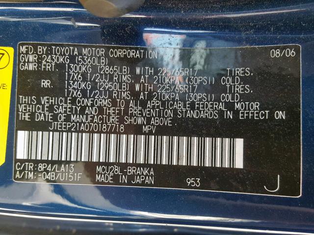 JTEEP21A070187718 - 2007 TOYOTA HIGHLANDER BLUE photo 10