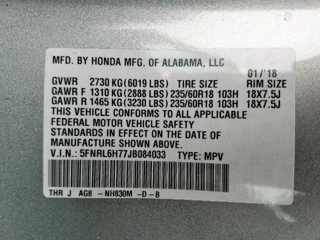 5FNRL6H77JB084033 - 2018 HONDA ODYSSEY EX SILVER photo 10