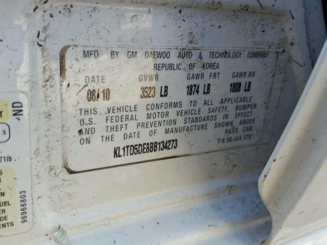 KL1TD5DE8BB134273 - 2011 CHEVROLET AVEO LS WHITE photo 10