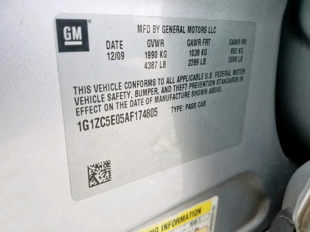 1G1ZC5E05AF174805 - 2010 CHEVROLET MALIBU 1LT 银色 照片 10