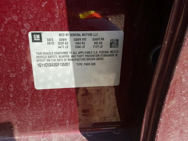 1G11C5SA2GF135057 - 2016 CHEVROLET MALIBU LIM 栗色 照片 10