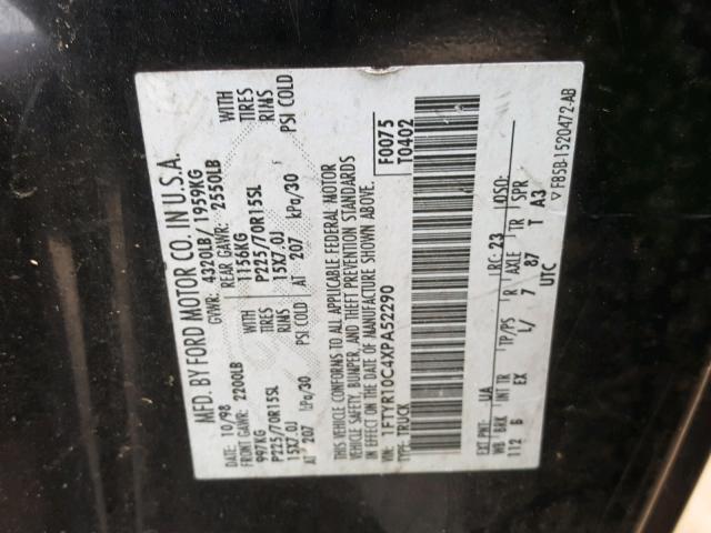 1FTYR10C4XPA52290 - 1999 FORD RANGER BLACK photo 10