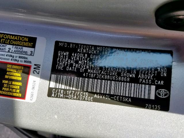 4T1BF3EK8BU658868 - 2011 TOYOTA CAMRY BASE GRAY photo 10