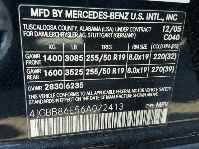 4JGBB86E56A072413 - 2006 MERCEDES-BENZ ML 350 BLACK photo 10