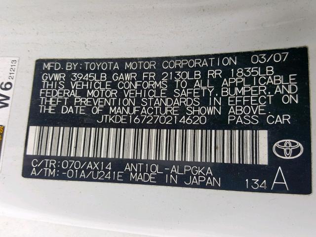 JTKDE167270214620 - 2007 TOYOTA SCION TC თეთრი ფოტო 10