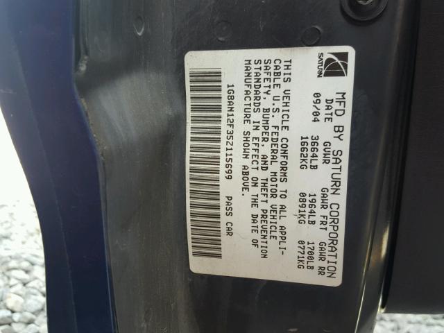 1G8AN12F35Z115699 - 2005 SATURN ION LEVEL BLUE photo 10