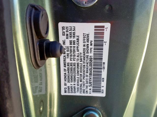 5J6YH18645L005891 - 2005 HONDA ELEMENT EX GREEN photo 10