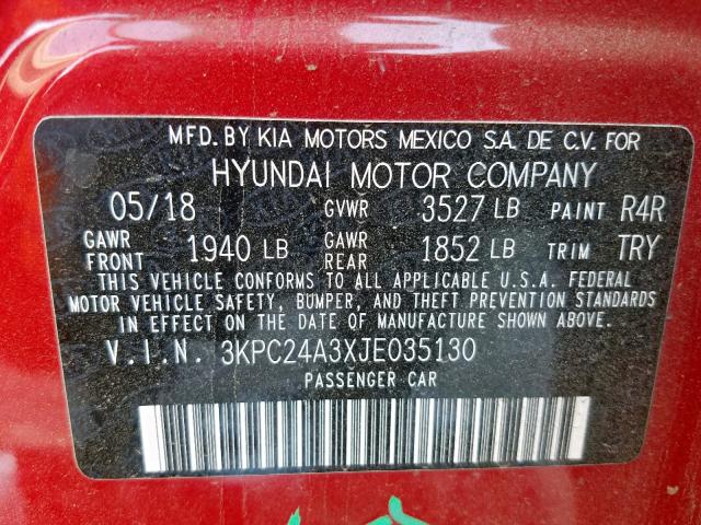 3KPC24A3XJE035130 - 2018 HYUNDAI ACCENT SE RED photo 10