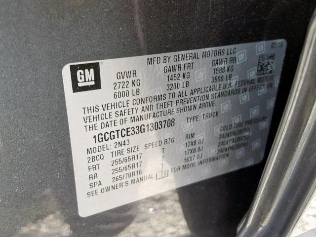 1GCGTCE33G1303708 - 2016 CHEVROLET COLORADO L GRAY photo 10