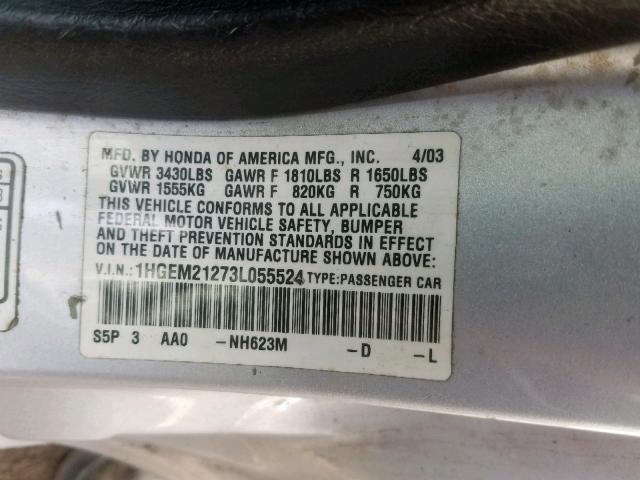 1HGEM21273L055524 - 2003 HONDA CIVIC DX SILVER photo 10