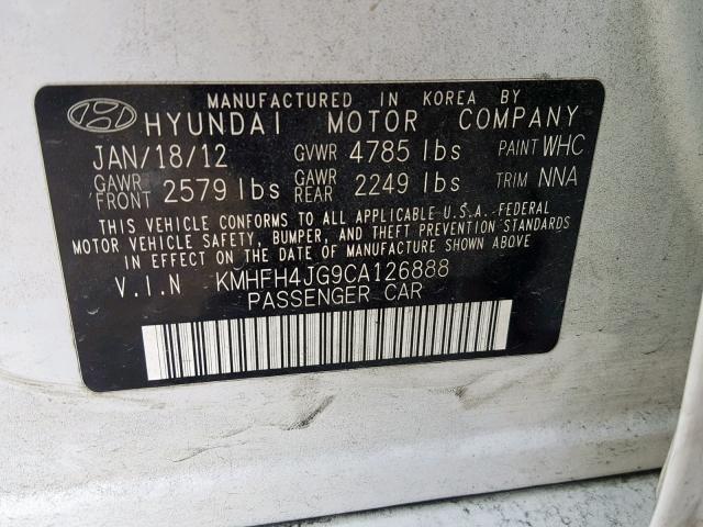 KMHFH4JG9CA126888 - 2012 HYUNDAI AZERA GLS WHITE photo 10