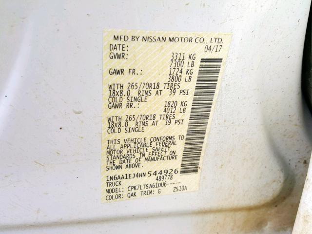 1N6AA1EJ4HN544926 - 2017 NISSAN TITAN S WHITE photo 10