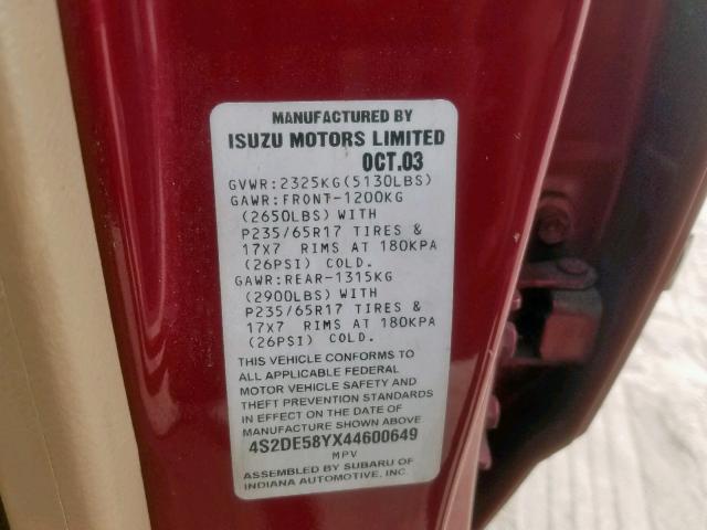4S2DE58YX44600649 - 2004 ISUZU AXIOM XS Qırmızı foto 10