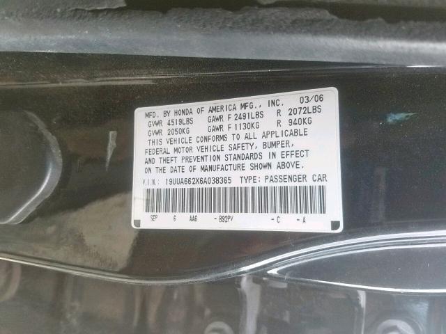 19UUA662X6A038365 - 2006 ACURA 3.2TL BLACK photo 10