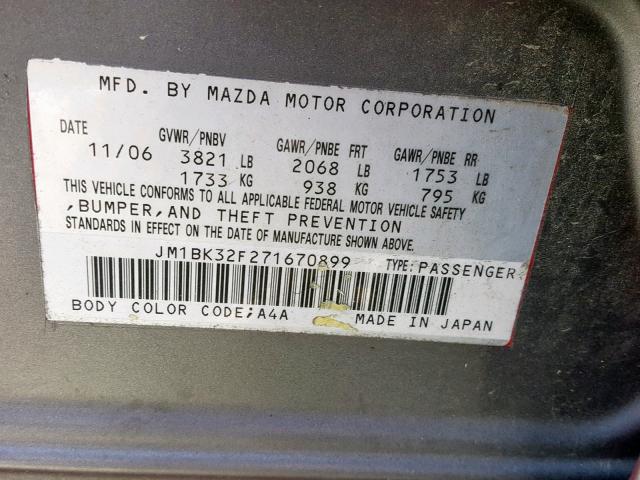 JM1BK32F271670899 - 2007 MAZDA 3 I GRAY photo 10