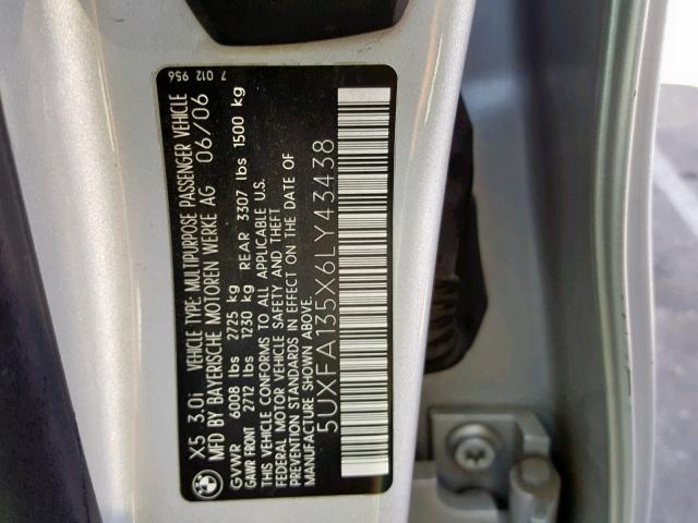 5UXFA135X6LY43438 - 2006 BMW X5 3.0I SILVER photo 10