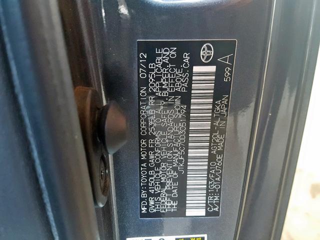 JTKJF5C70D3051794 - 2013 TOYOTA SCION TC ნაცრისფერი ფოტო 10