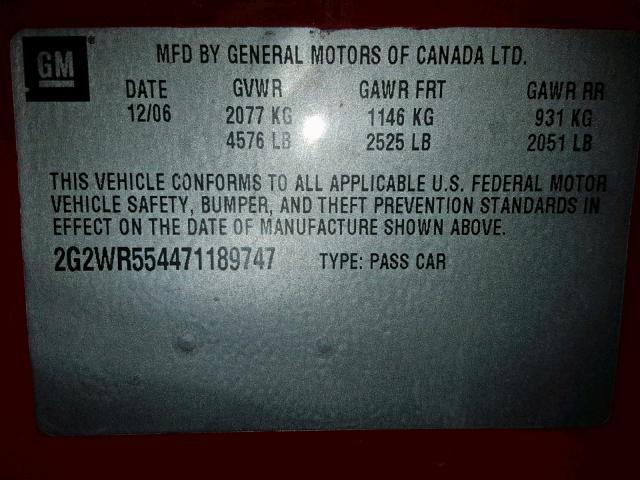 2G2WR554471189747 - 2007 PONTIAC GRAND PRIX RED photo 10