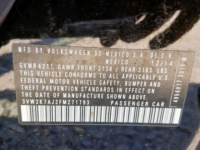 3VW2K7AJ2FM271793 - 2015 VOLKSWAGEN JETTA BASE 黑色 照片 10