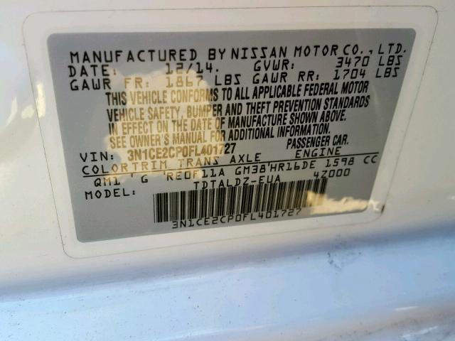 3N1CE2CP0FL401727 - 2015 NISSAN VERSA NOTE WHITE photo 10