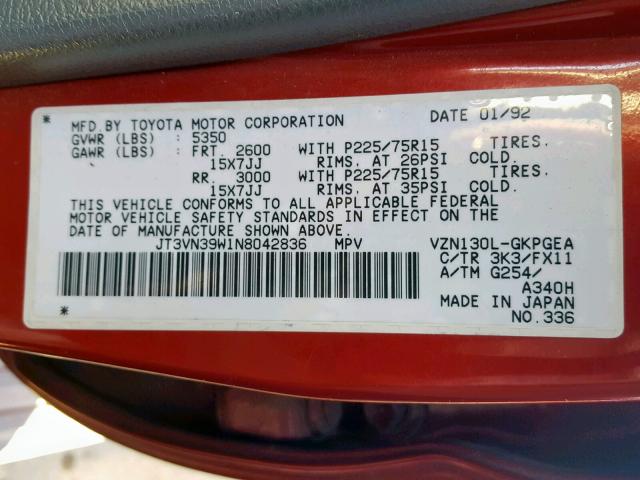 JT3VN39W1N8042836 - 1992 TOYOTA 4RUNNER VN RED photo 10