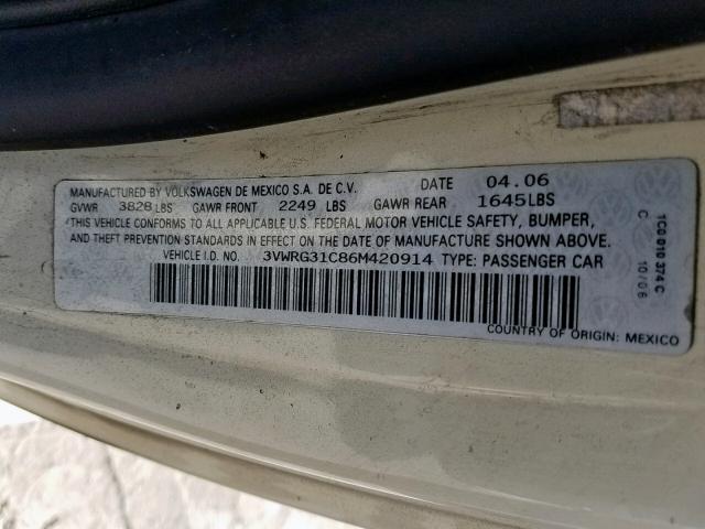 3VWRG31C86M420914 - 2006 VOLKSWAGEN NEW BEETLE კრემისფერი ფოტო 10