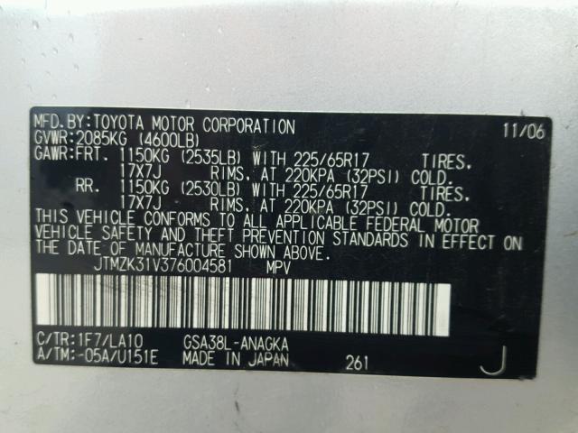 JTMZK31V376004581 - 2007 TOYOTA RAV4 LIMIT SILVER photo 10