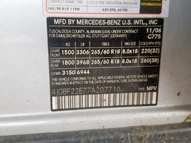 4JGBF22E77A207710 - 2007 MERCEDES-BENZ GL 320 CDI SILVER photo 10