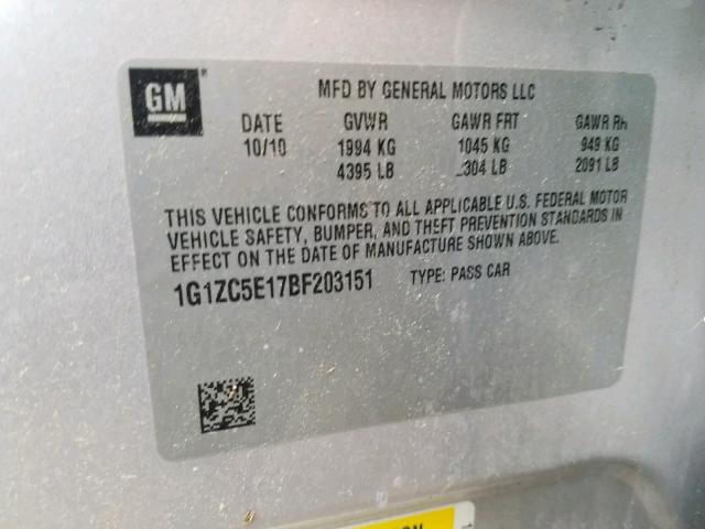 1G1ZC5E17BF203151 - 2011 CHEVROLET MALIBU 1LT SILVER photo 10