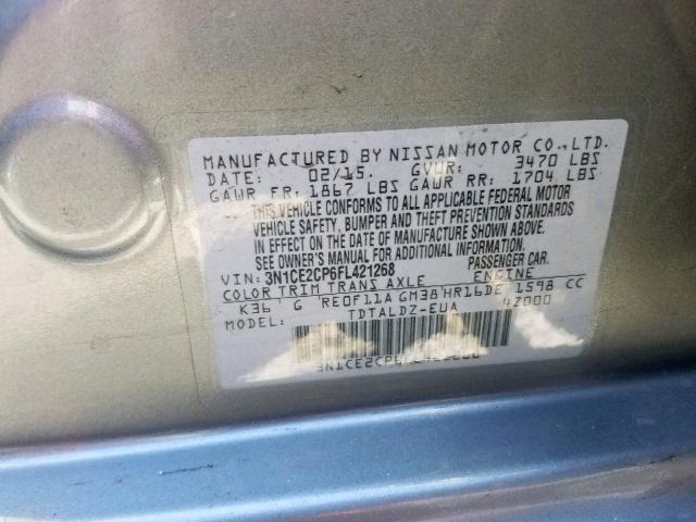 3N1CE2CP6FL421268 - 2015 NISSAN VERSA NOTE SILVER photo 10