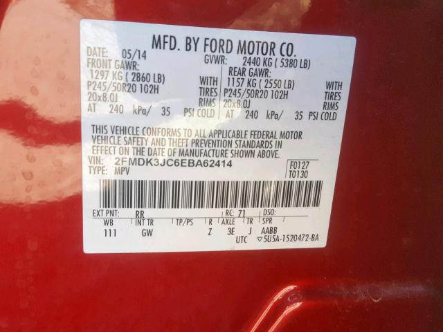 2FMDK3JC6EBA62414 - 2014 FORD EDGE SEL RED photo 10