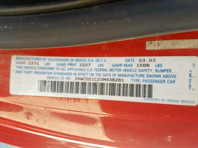 3VWCD21C23M438281 - 2003 VOLKSWAGEN NEW BEETLE 红色 照片 10