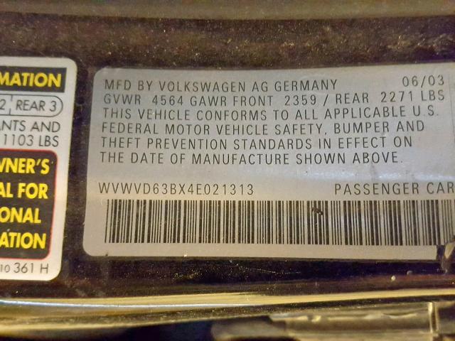 WVWVD63BX4E021313 - 2004 VOLKSWAGEN PASSAT GLS BLACK photo 10