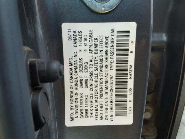 2HGFB2F93CH307797 - 2012 HONDA CIVIC EXL GRAY photo 10