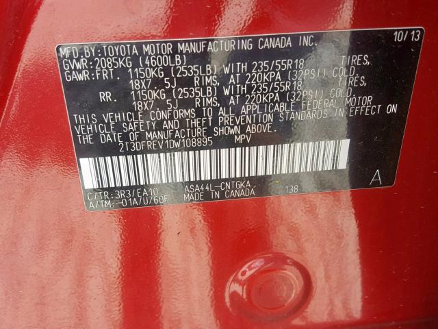 2T3DFREV1DW108895 - 2013 TOYOTA RAV4 LIMIT RED photo 10