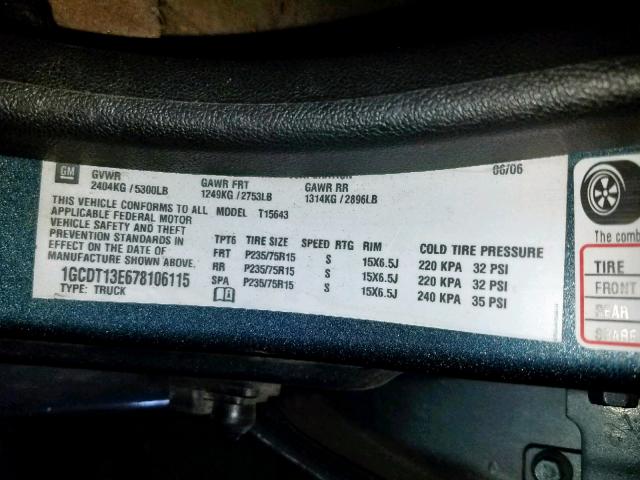 1GCDT13E678106115 - 2007 CHEVROLET COLORADO BLUE photo 10