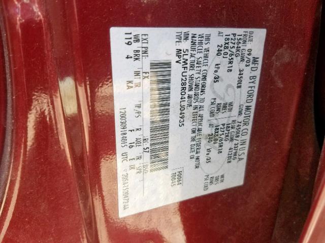 5LMFU28R04LJ04935 - 2004 LINCOLN NAVIGATOR RED photo 10