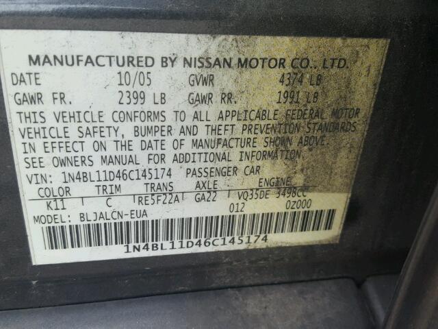 1N4BL11D46C145174 - 2006 NISSAN ALTIMA SE GRAY photo 10