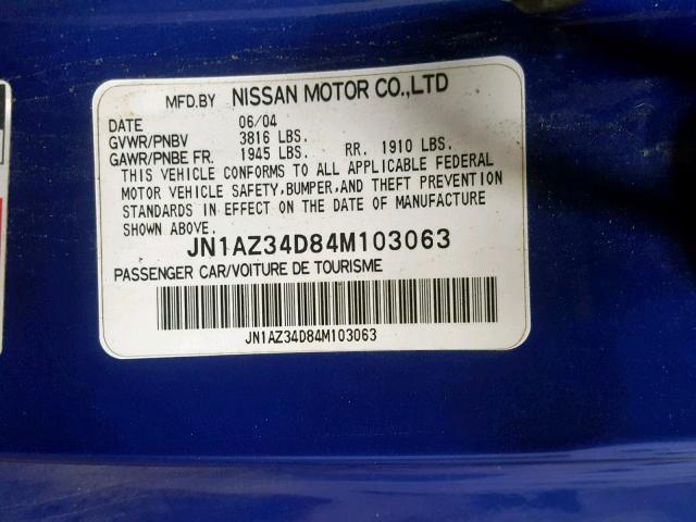 JN1AZ34D84M103063 - 2004 NISSAN 350Z COUPE BLUE photo 10