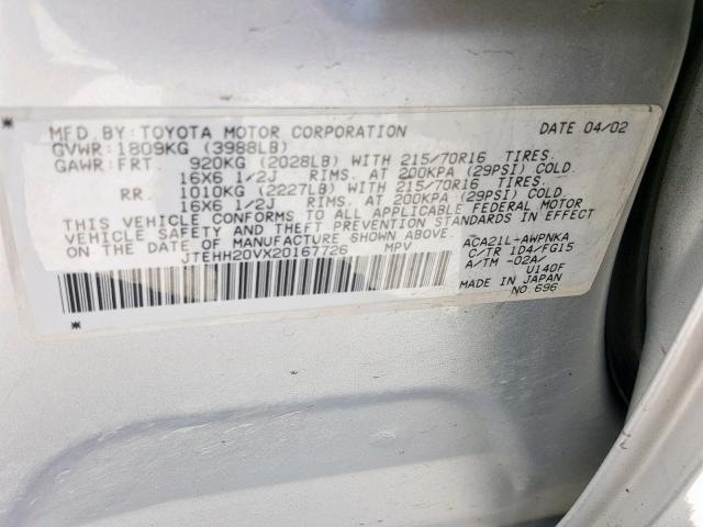 JTEHH20VX20167726 - 2002 TOYOTA RAV4 SILVER photo 10