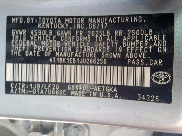 4T1BK1EB1JU266250 - 2018 TOYOTA AVALON XLE SILVER photo 10