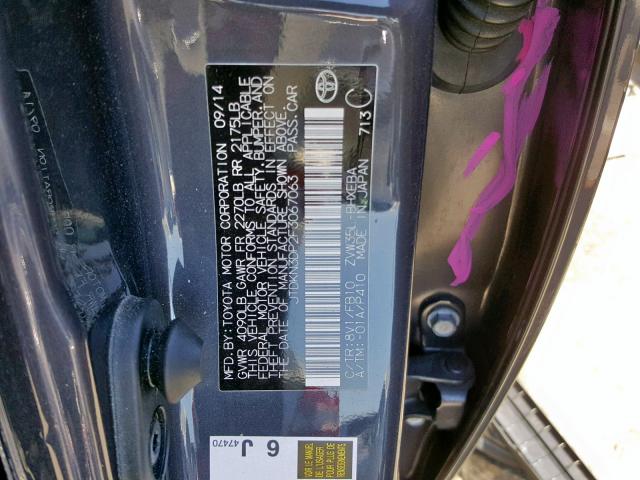 JTDKN3DP2F3067063 - 2015 TOYOTA PRIUS PLUG GRAY photo 10