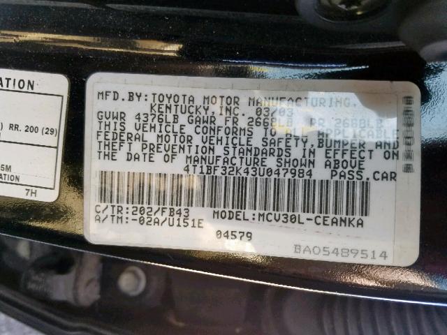 4T1BF32K43U047984 - 2003 TOYOTA CAMRY LE BLACK photo 10