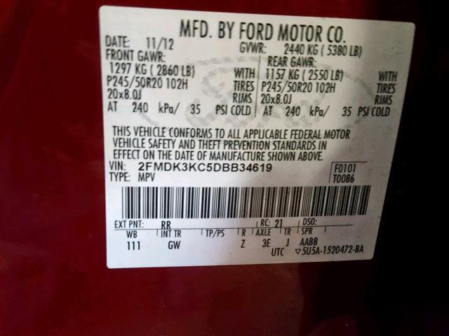 2FMDK3KC5DBB34619 - 2013 FORD EDGE LIMIT RED photo 10