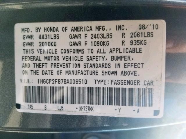 1HGCP2F87BA006510 - 2011 HONDA ACCORD EXL GRAY photo 10