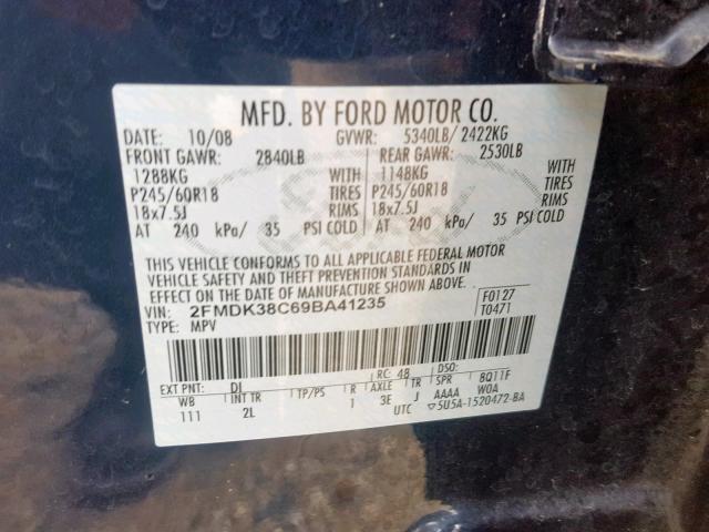 2FMDK38C69BA41235 - 2009 FORD EDGE SEL BLUE photo 10