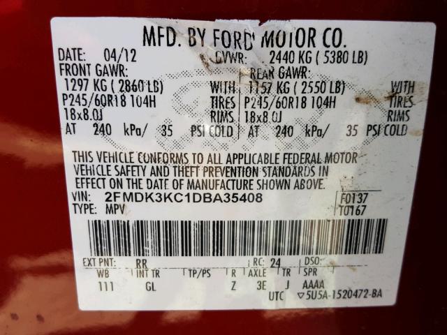 2FMDK3KC1DBA35408 - 2013 FORD EDGE LIMIT RED photo 10