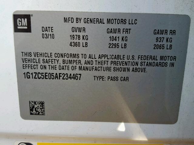 1G1ZC5E05AF234467 - 2010 CHEVROLET MALIBU 1LT WHITE photo 10