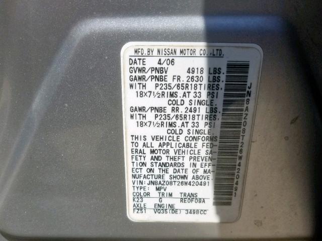 JN8AZ08T26W420491 - 2006 NISSAN MURANO SILVER photo 10