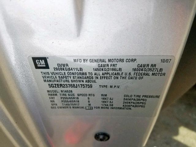 5GZER23768J175759 - 2008 SATURN OUTLOOK XR ვერცხლისფერი ფოტო 10